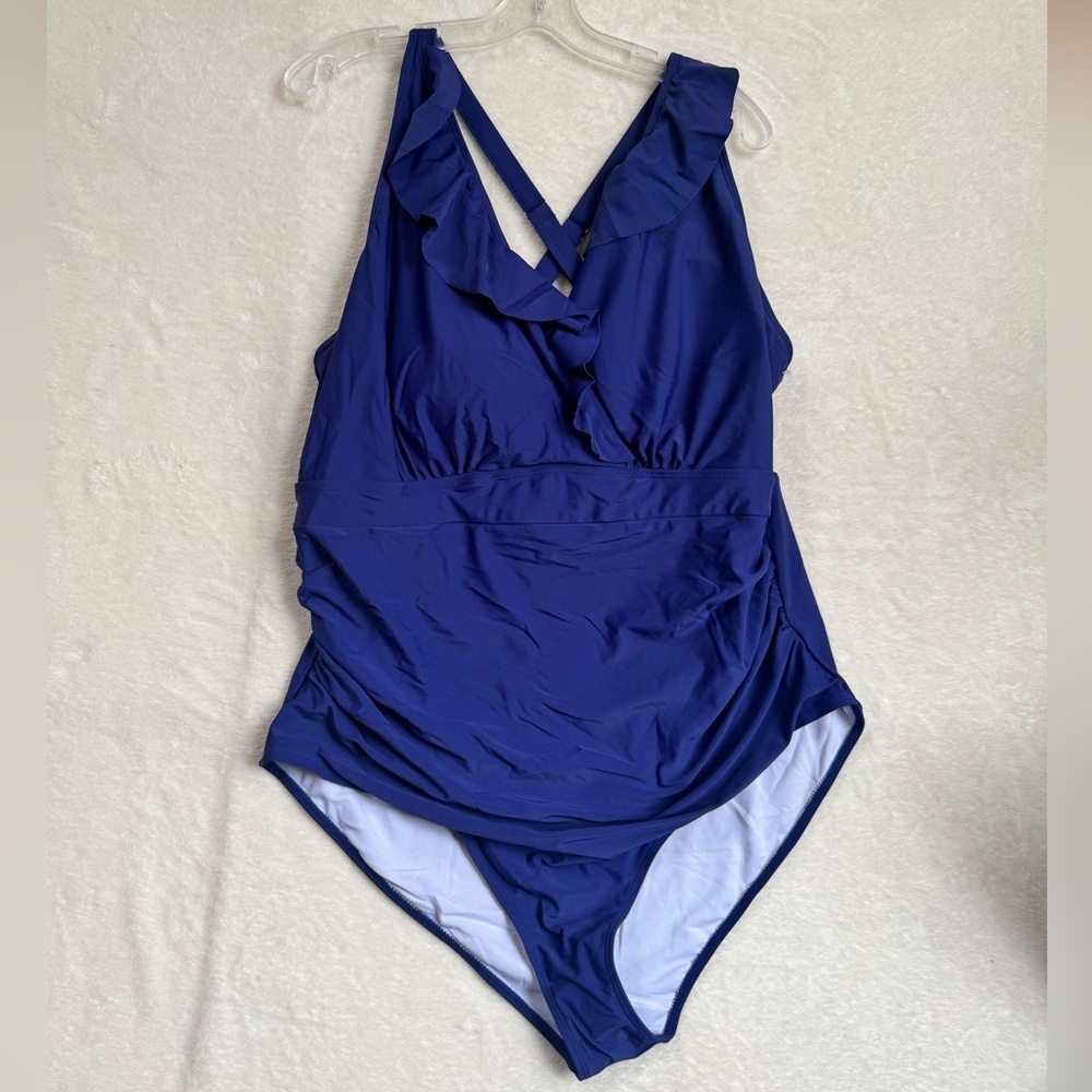 Bloomchic NEW Ruffle Trim Gathered Ruched 1 Piece Swimsuit Sculpt Waist Blue 4X - Picture 2 of 16
